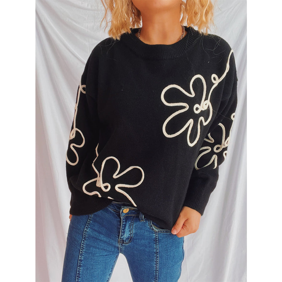 Flower Round Neck Long Sleeve Sweater Apparel and Accessories