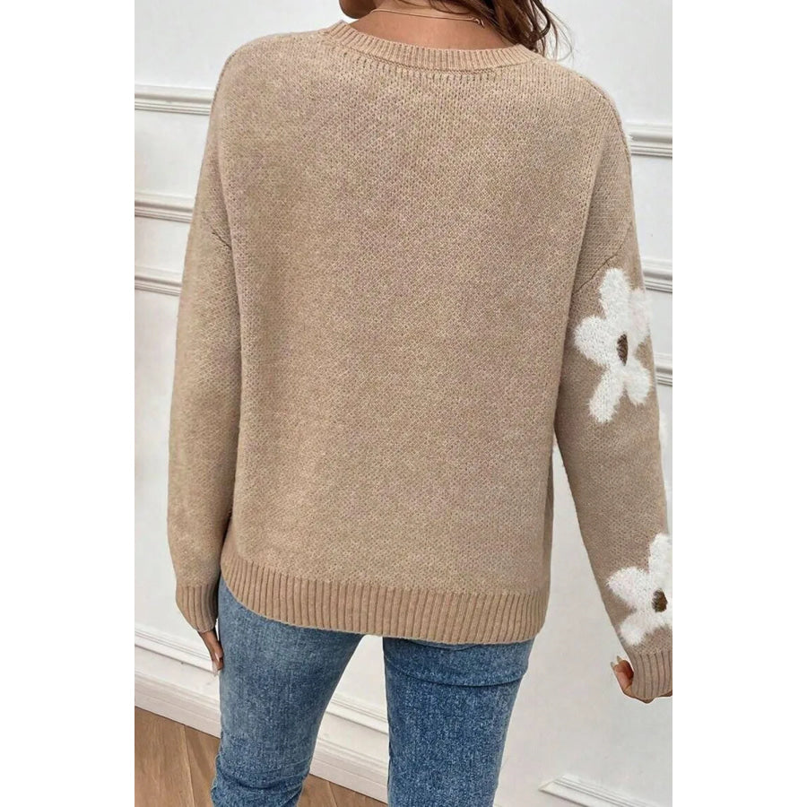 Flower Round Neck Long Sleeve Sweater Apparel and Accessories