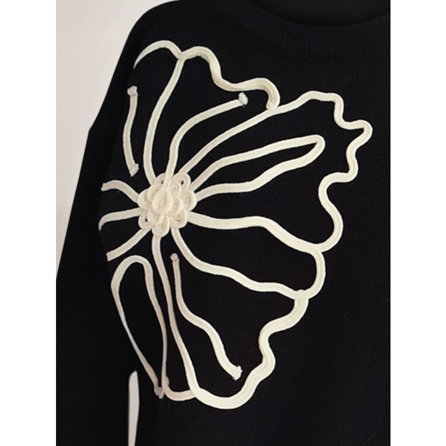 Flower Round Neck Long Sleeve Sweater Apparel and Accessories