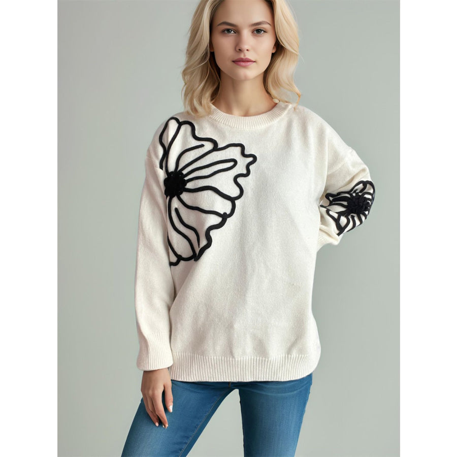 Flower Round Neck Long Sleeve Sweater Apparel and Accessories