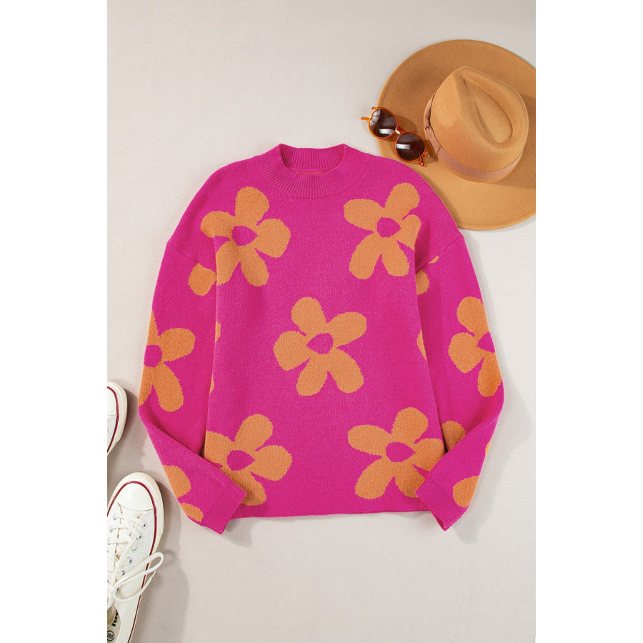 Flower Round Neck Long Sleeve Sweater Apparel and Accessories