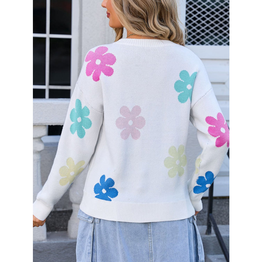 Flower Round Neck Long Sleeve Sweater Apparel and Accessories