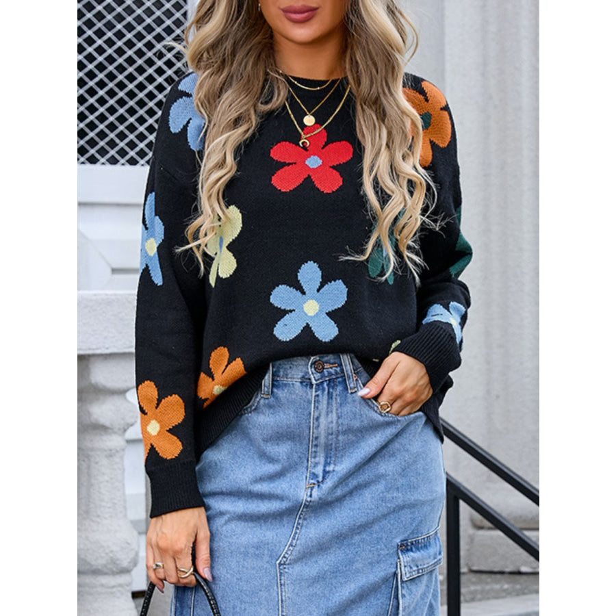 Flower Round Neck Long Sleeve Sweater Apparel and Accessories