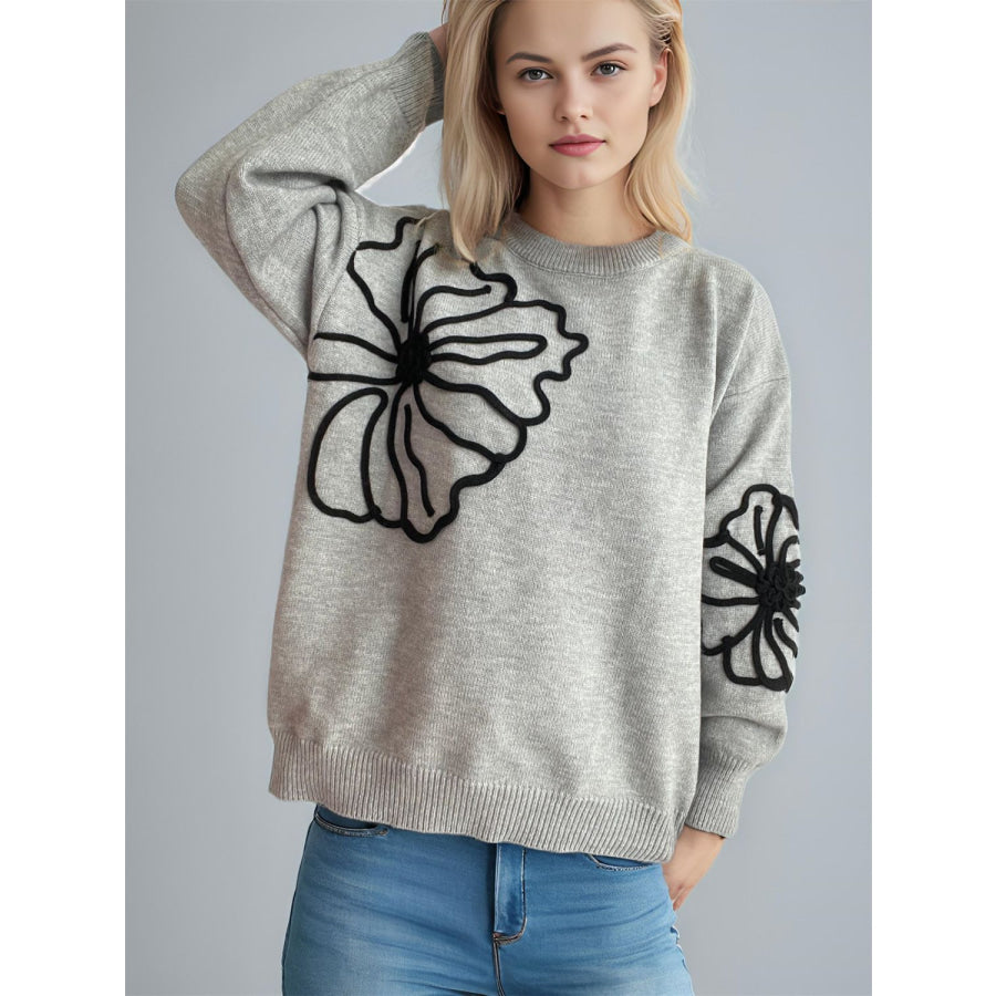 Flower Round Neck Long Sleeve Sweater Apparel and Accessories