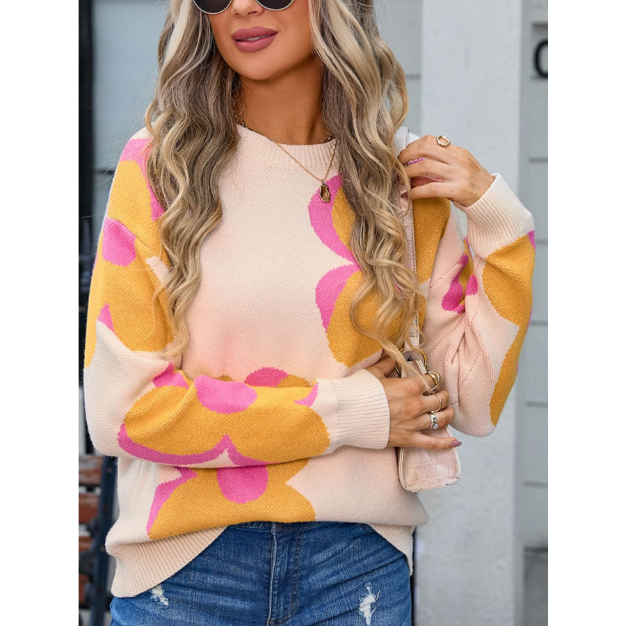 Flower Round Neck Long Sleeve Sweater Apparel and Accessories