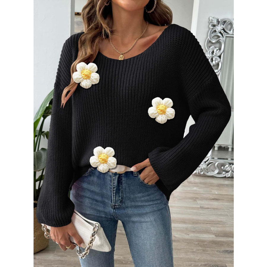 Flower Round Neck Long Sleeve Sweater Apparel and Accessories