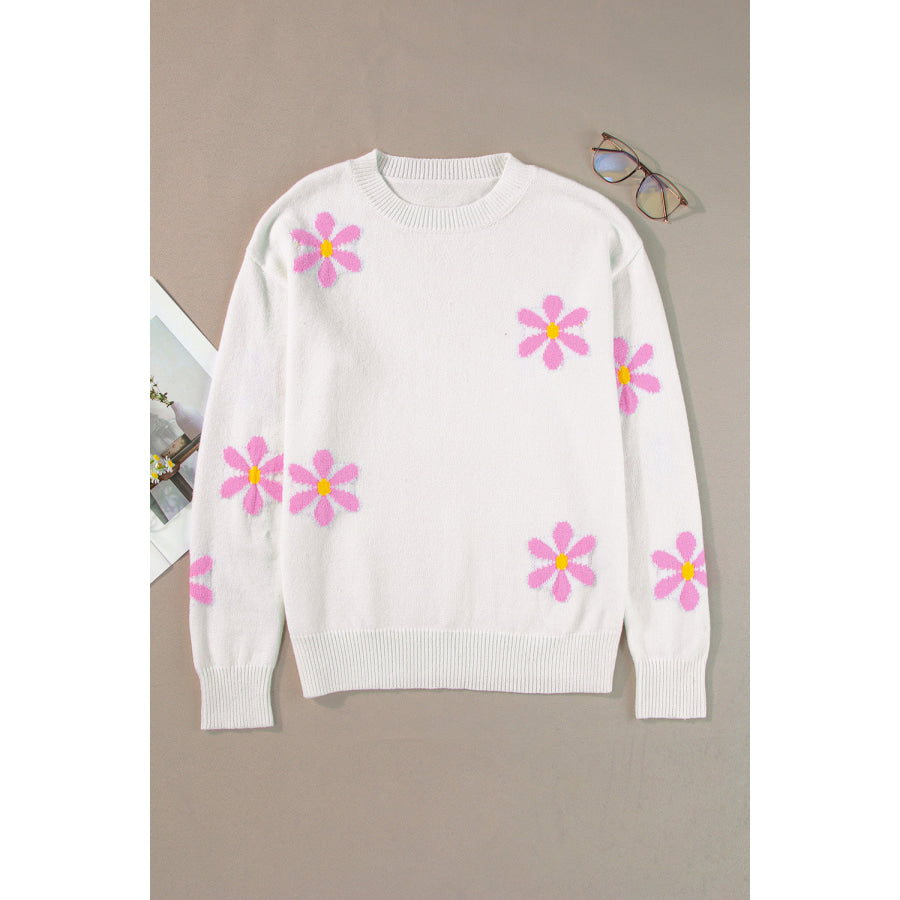 Flower Round Neck Long Sleeve Sweater Apparel and Accessories