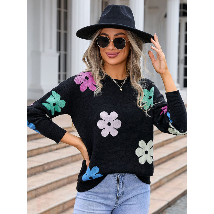 Flower Round Neck Long Sleeve Sweater Apparel and Accessories