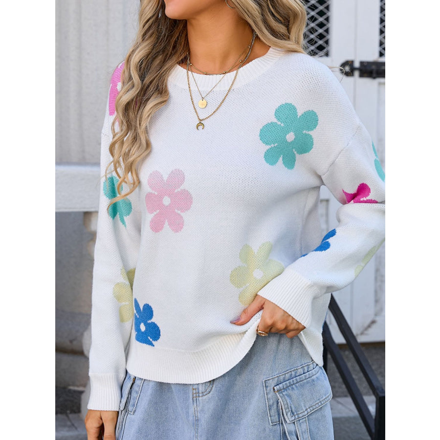 Flower Round Neck Long Sleeve Sweater Apparel and Accessories