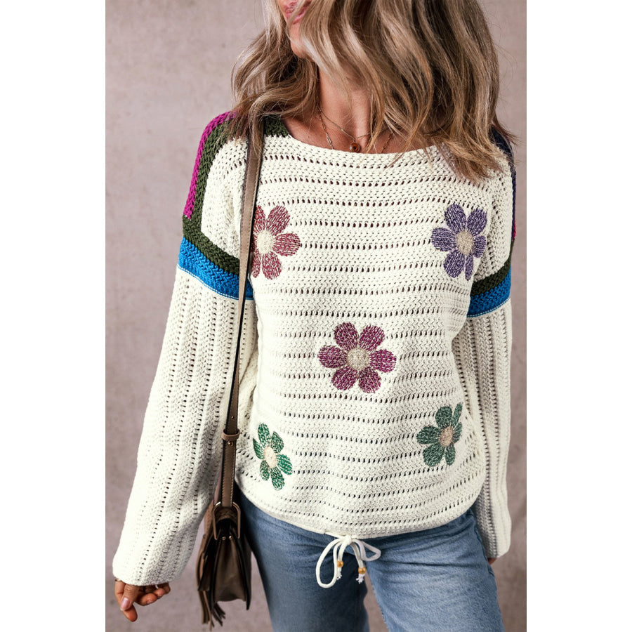 Flower Round Neck Long Sleeve Sweater Apparel and Accessories