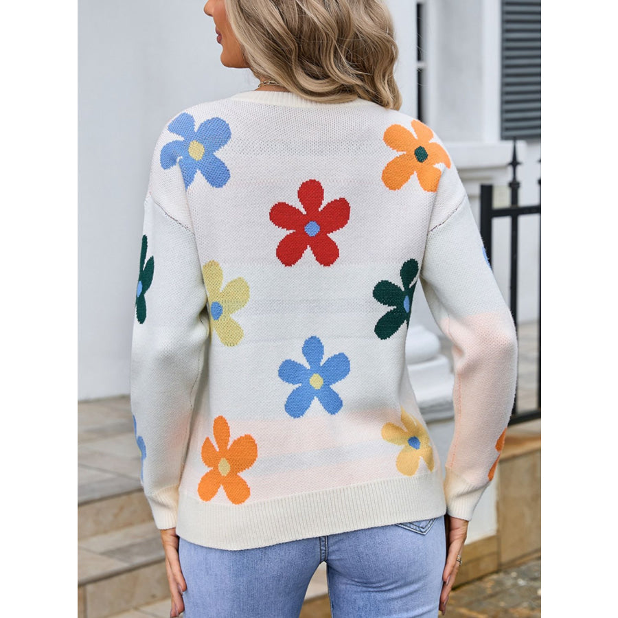 Flower Round Neck Long Sleeve Sweater Apparel and Accessories