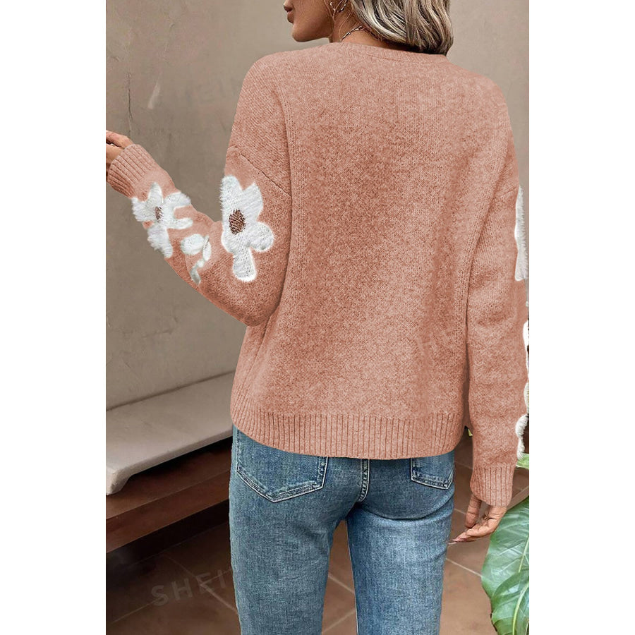 Flower Round Neck Long Sleeve Sweater Apparel and Accessories