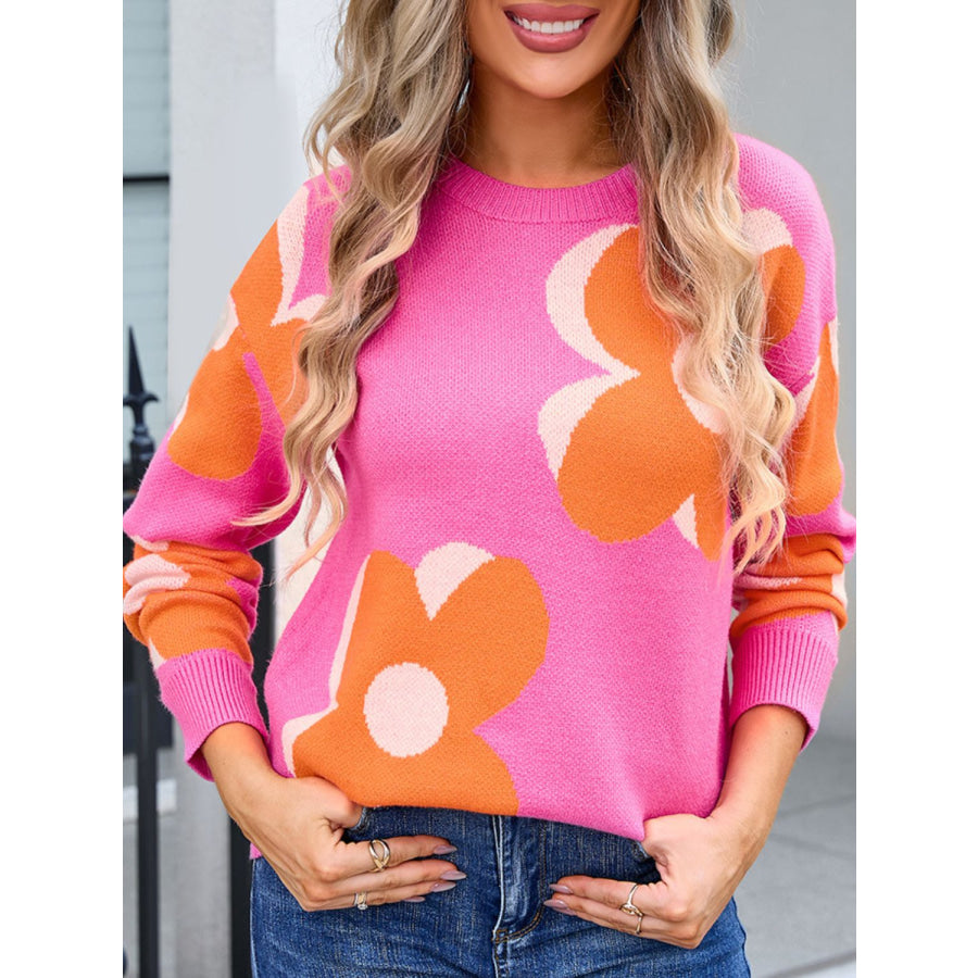 Flower Round Neck Long Sleeve Sweater Apparel and Accessories