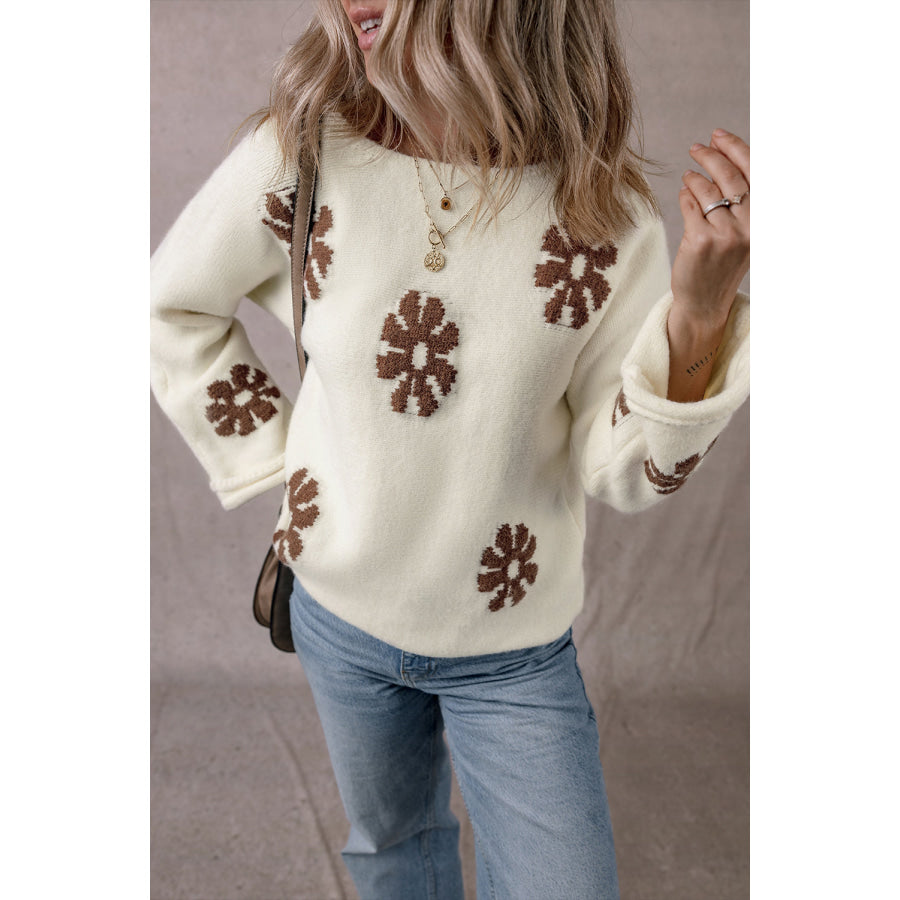 Flower Round Neck Long Sleeve Sweater Apparel and Accessories