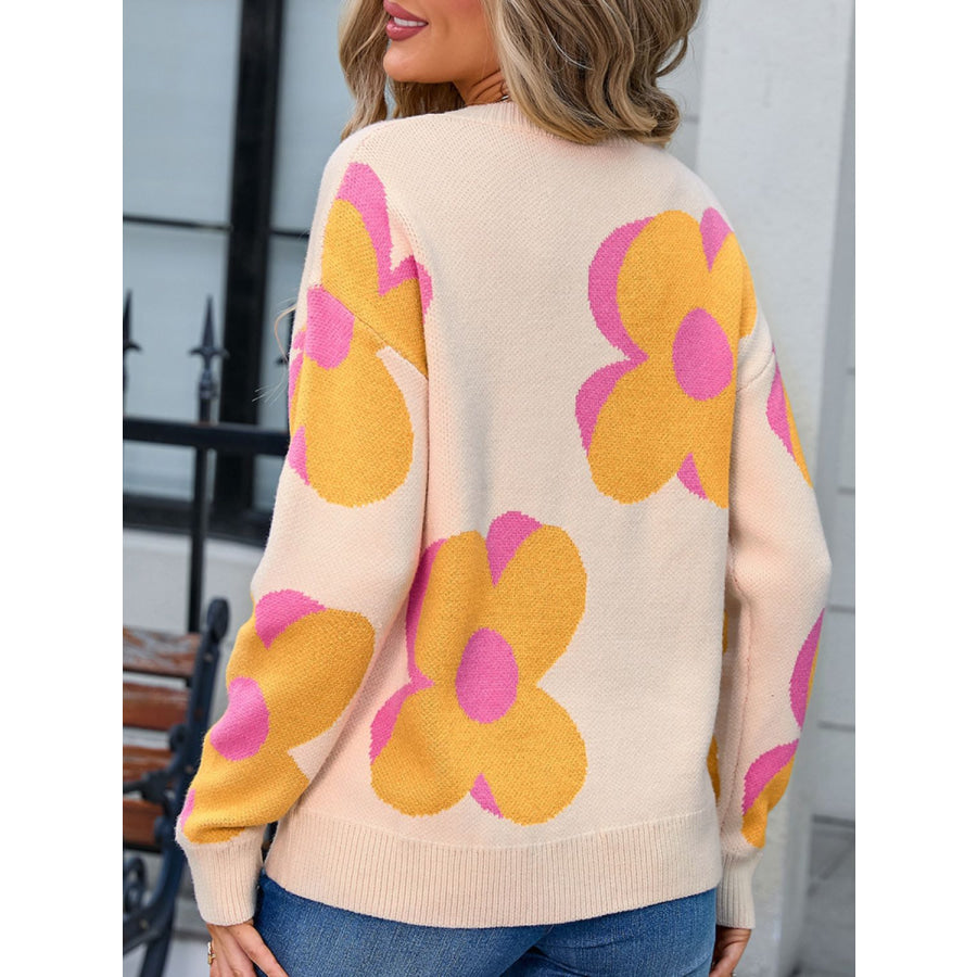 Flower Round Neck Long Sleeve Sweater Apparel and Accessories