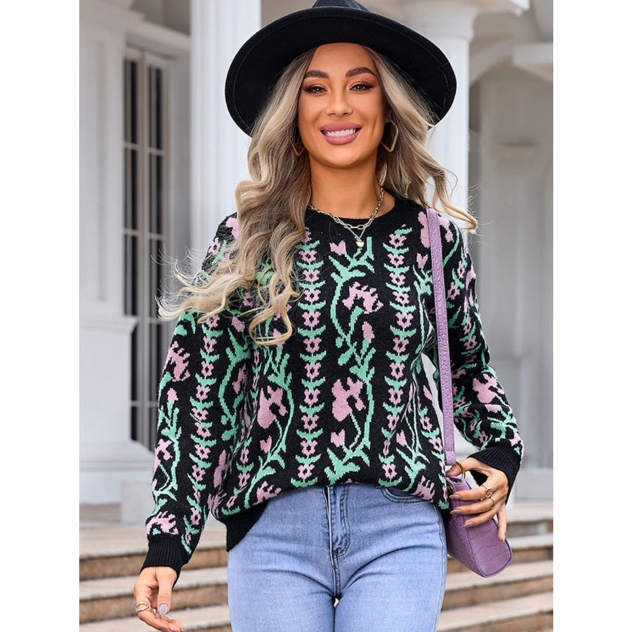 Flower Round Neck Long Sleeve Sweater Apparel and Accessories