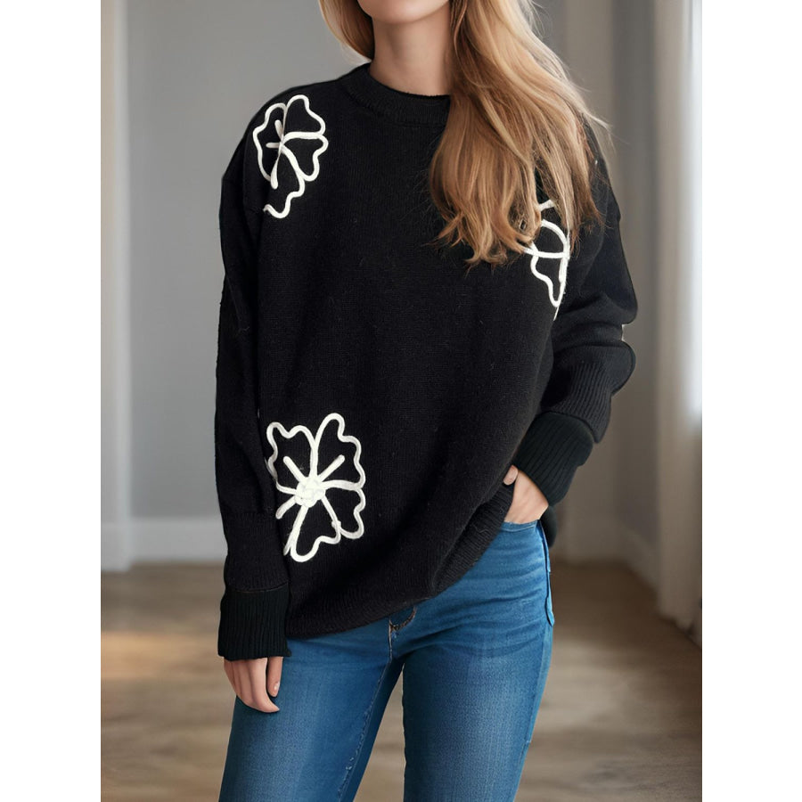 Flower Round Neck Long Sleeve Sweater Apparel and Accessories