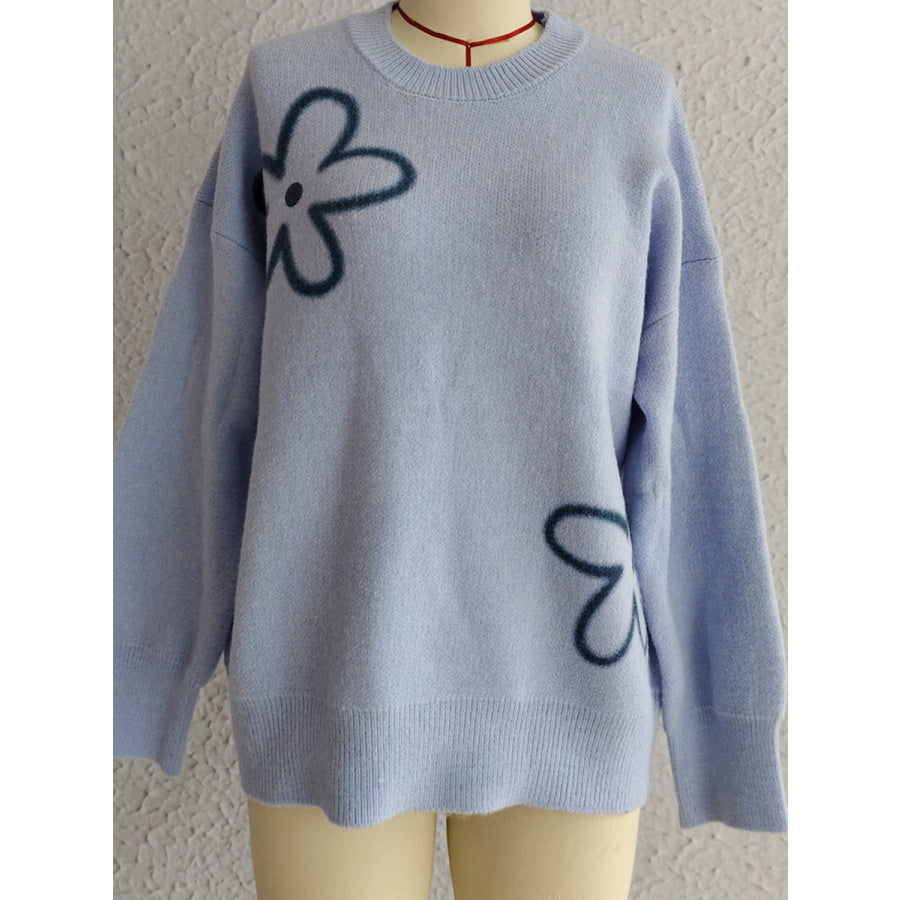 Flower Round Neck Long Sleeve Sweater Apparel and Accessories