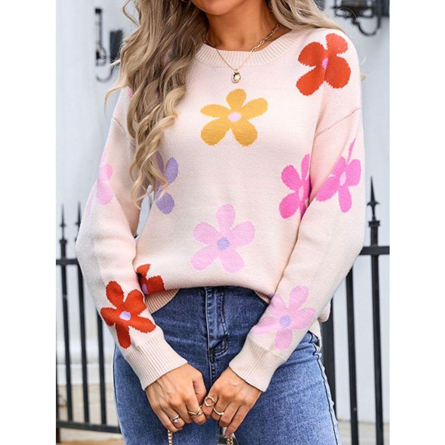 Flower Round Neck Long Sleeve Sweater Apparel and Accessories