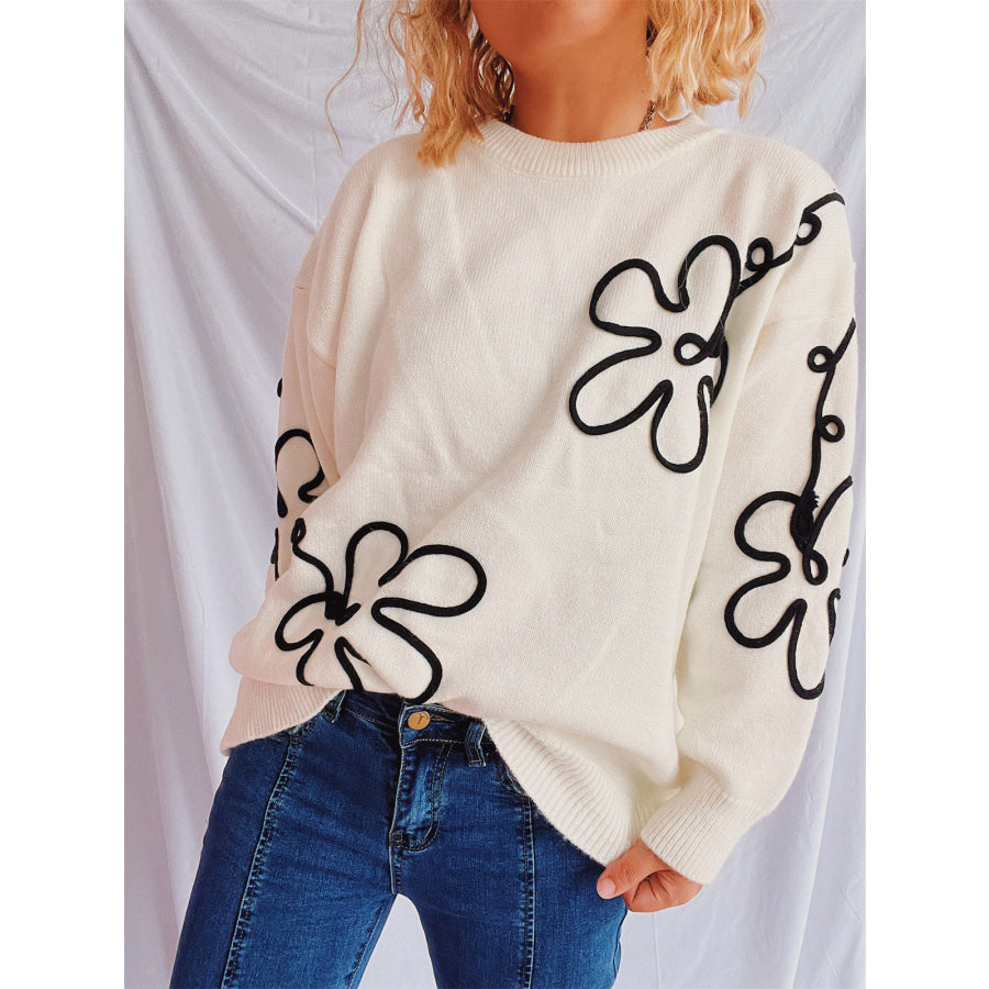 Flower Round Neck Long Sleeve Sweater Beige / One Size Apparel and Accessories