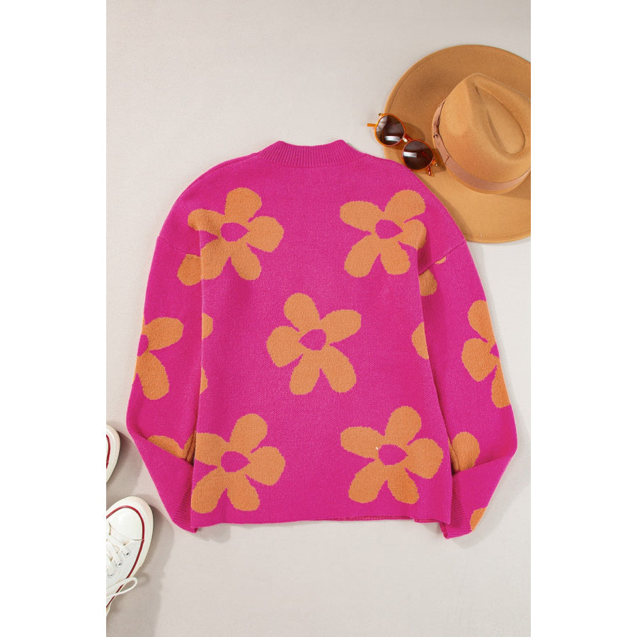 Flower Round Neck Long Sleeve Sweater Apparel and Accessories