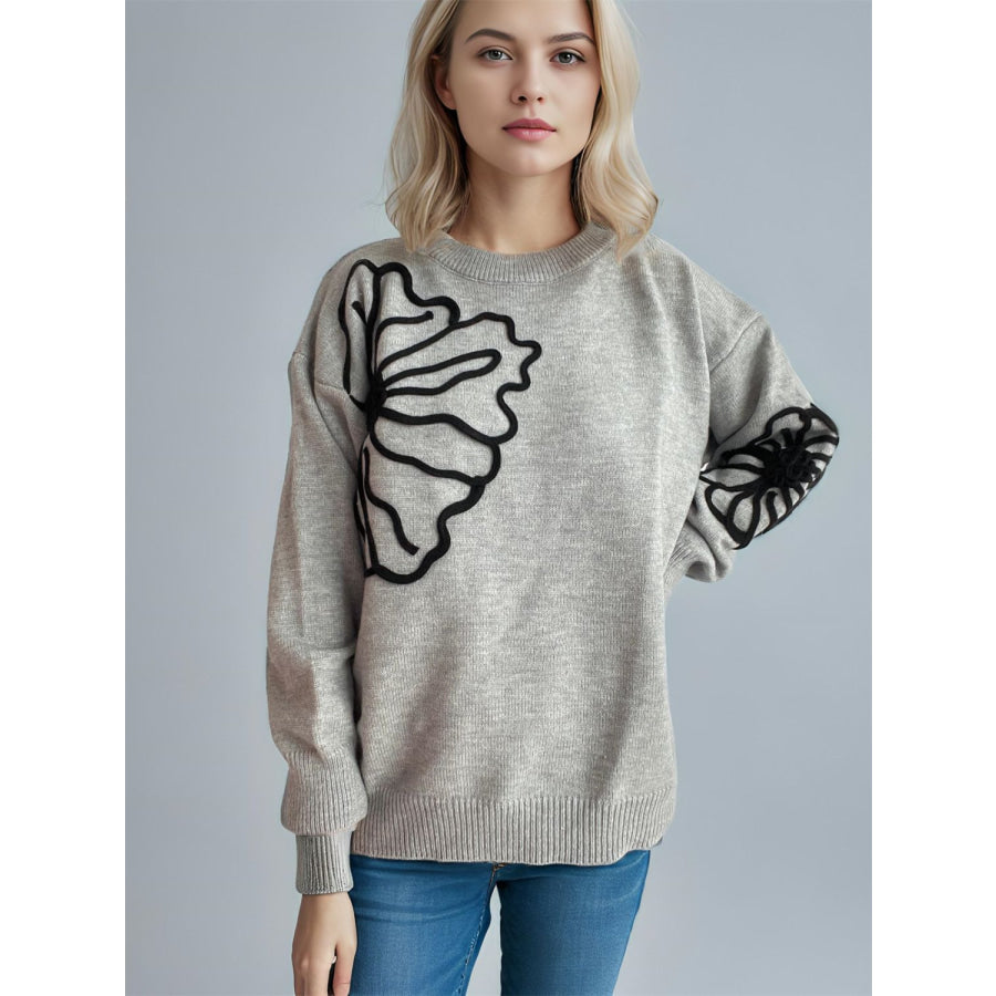 Flower Round Neck Long Sleeve Sweater Apparel and Accessories