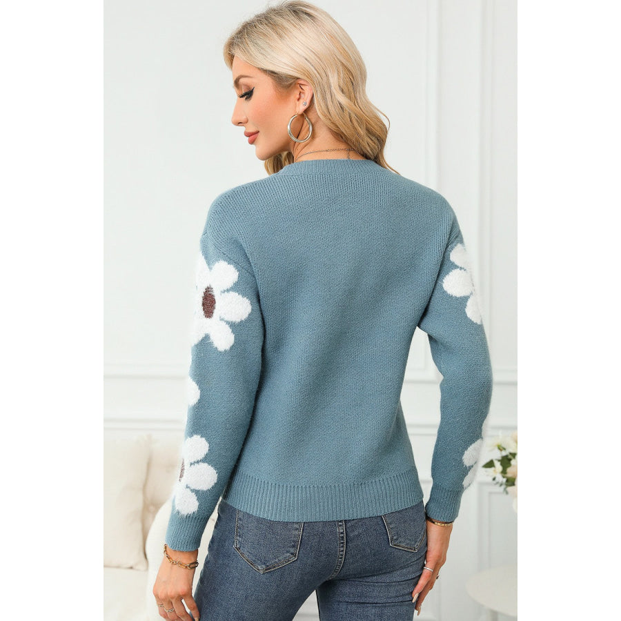 Flower Round Neck Long Sleeve Sweater Apparel and Accessories