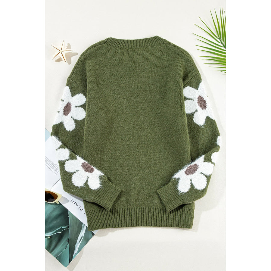 Flower Round Neck Long Sleeve Sweater Apparel and Accessories