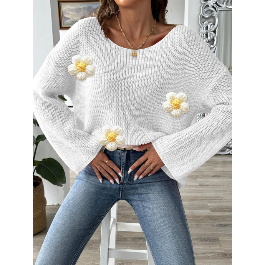 Flower Round Neck Long Sleeve Sweater Apparel and Accessories