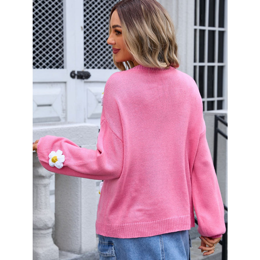 Flower Round Neck Long Sleeve Sweater Apparel and Accessories