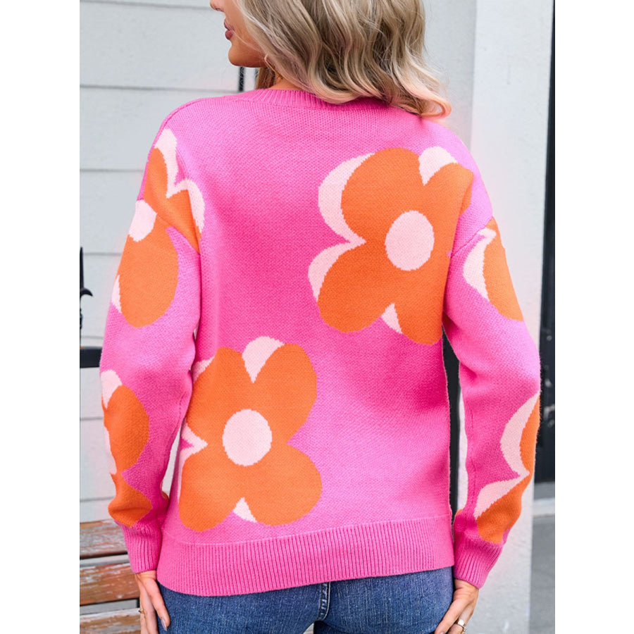 Flower Round Neck Long Sleeve Sweater Apparel and Accessories