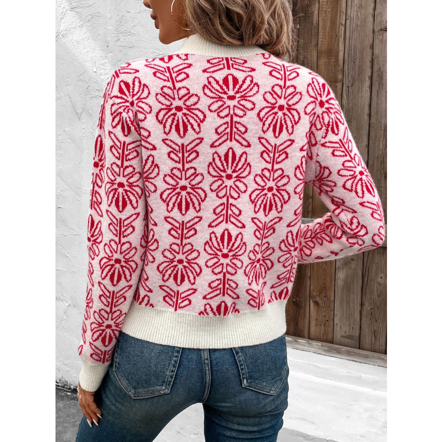 Flower Round Neck Long Sleeve Sweater Scarlet / S Apparel and Accessories