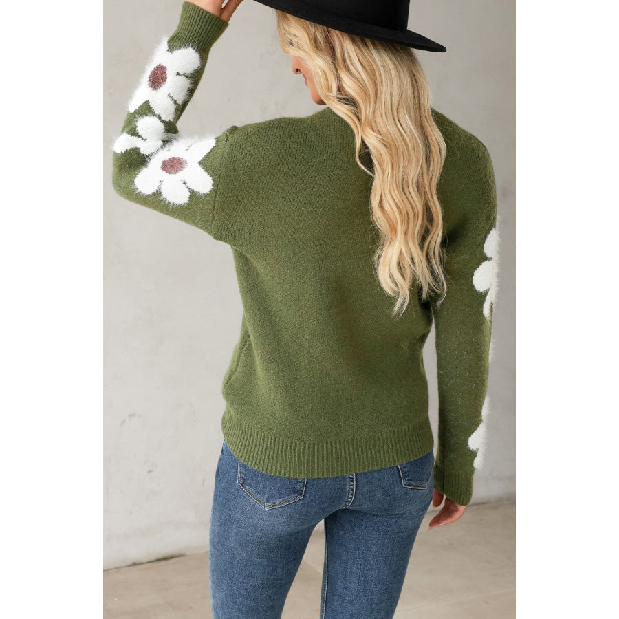 Flower Round Neck Long Sleeve Sweater Apparel and Accessories