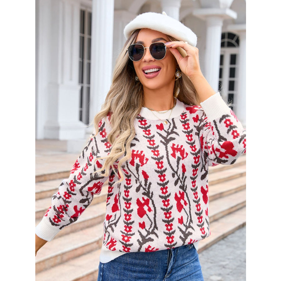 Flower Round Neck Long Sleeve Sweater Apparel and Accessories