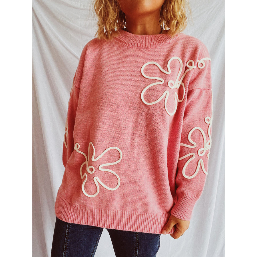 Flower Round Neck Long Sleeve Sweater Apparel and Accessories