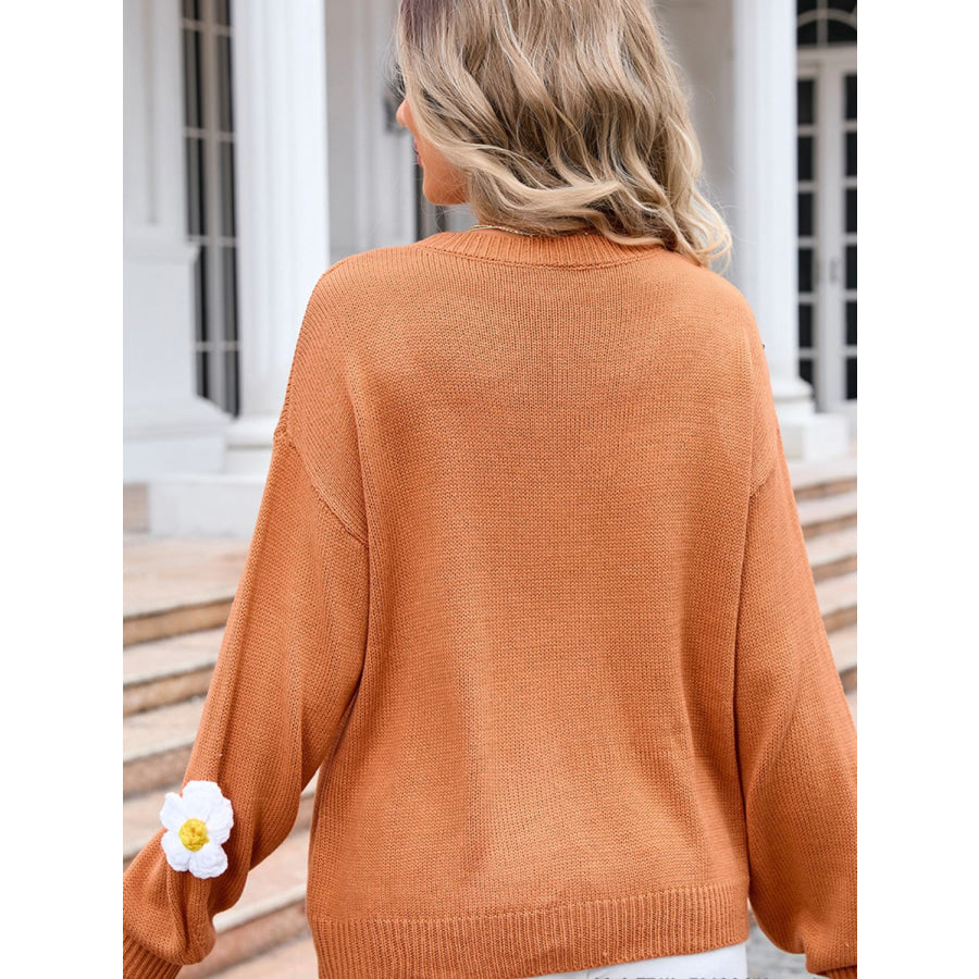 Flower Round Neck Long Sleeve Sweater Apparel and Accessories