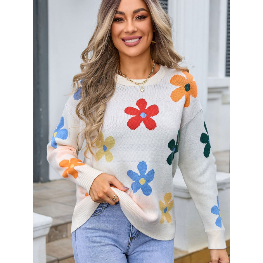 Flower Round Neck Long Sleeve Sweater Apparel and Accessories