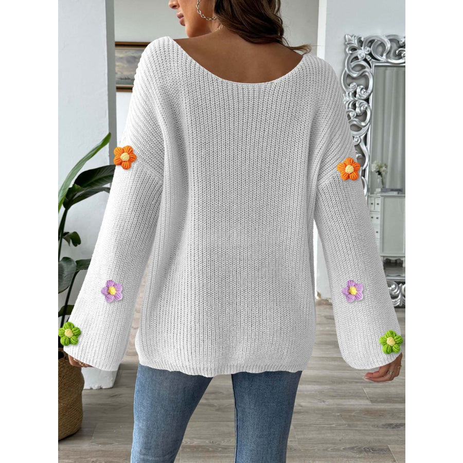 Flower Round Neck Long Sleeve Sweater Apparel and Accessories