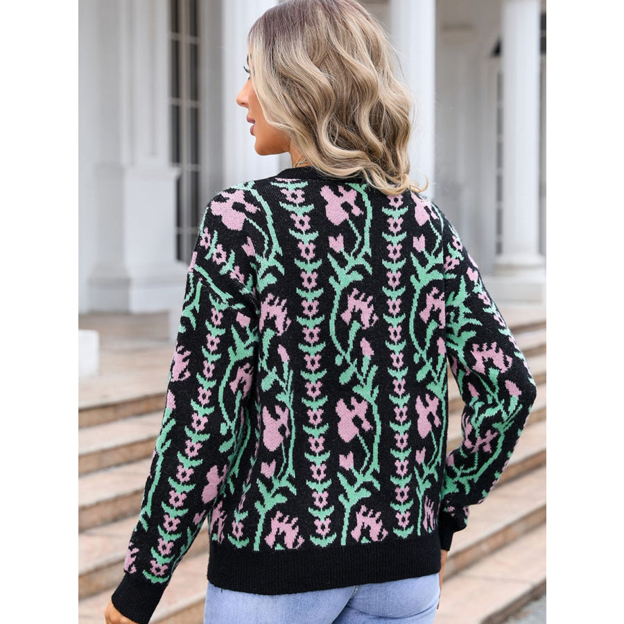 Flower Round Neck Long Sleeve Sweater Apparel and Accessories