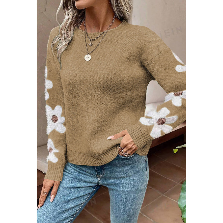 Flower Round Neck Long Sleeve Sweater Apparel and Accessories