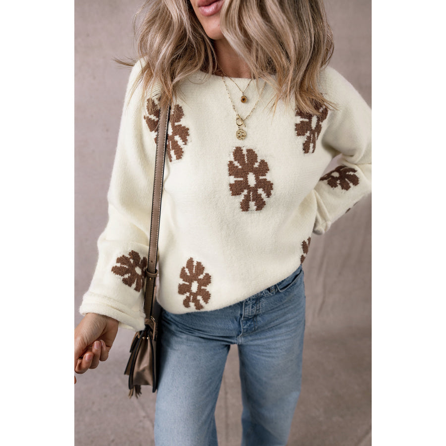 Flower Round Neck Long Sleeve Sweater Apparel and Accessories