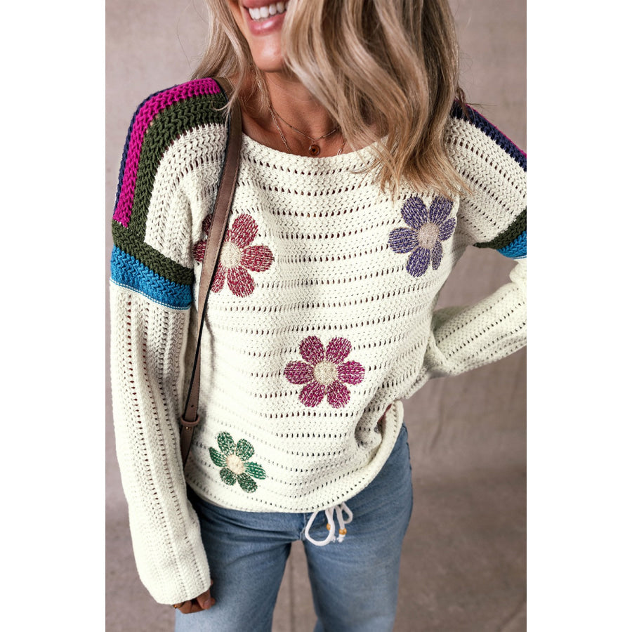 Flower Round Neck Long Sleeve Sweater Apparel and Accessories