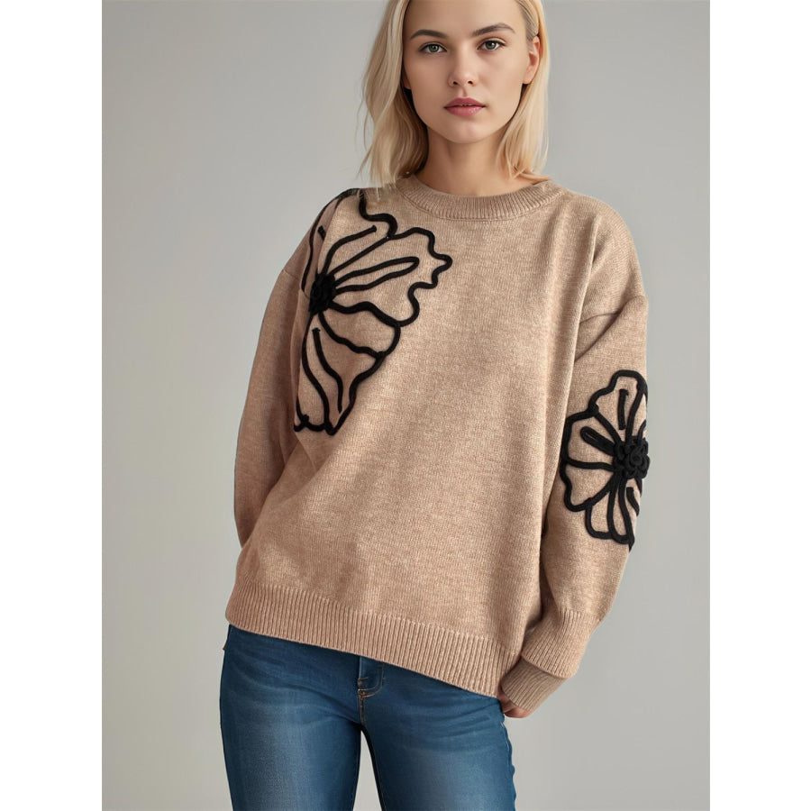 Flower Round Neck Long Sleeve Sweater Apparel and Accessories