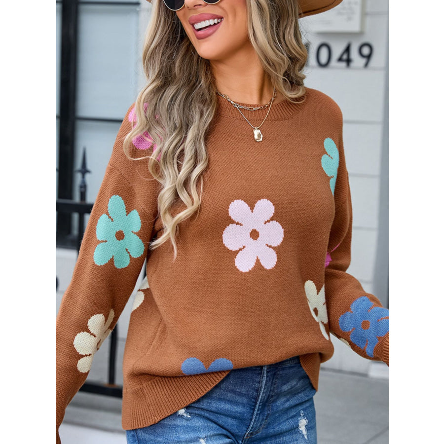 Flower Round Neck Long Sleeve Sweater Apparel and Accessories