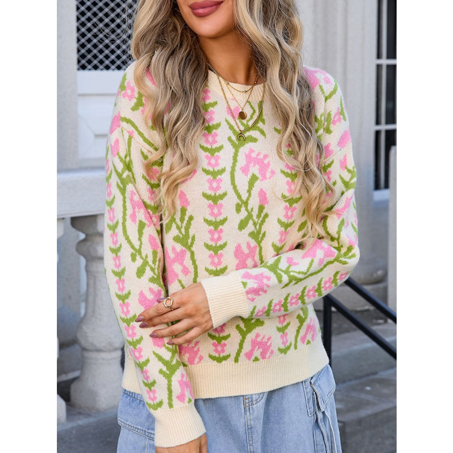 Flower Round Neck Long Sleeve Sweater Apparel and Accessories