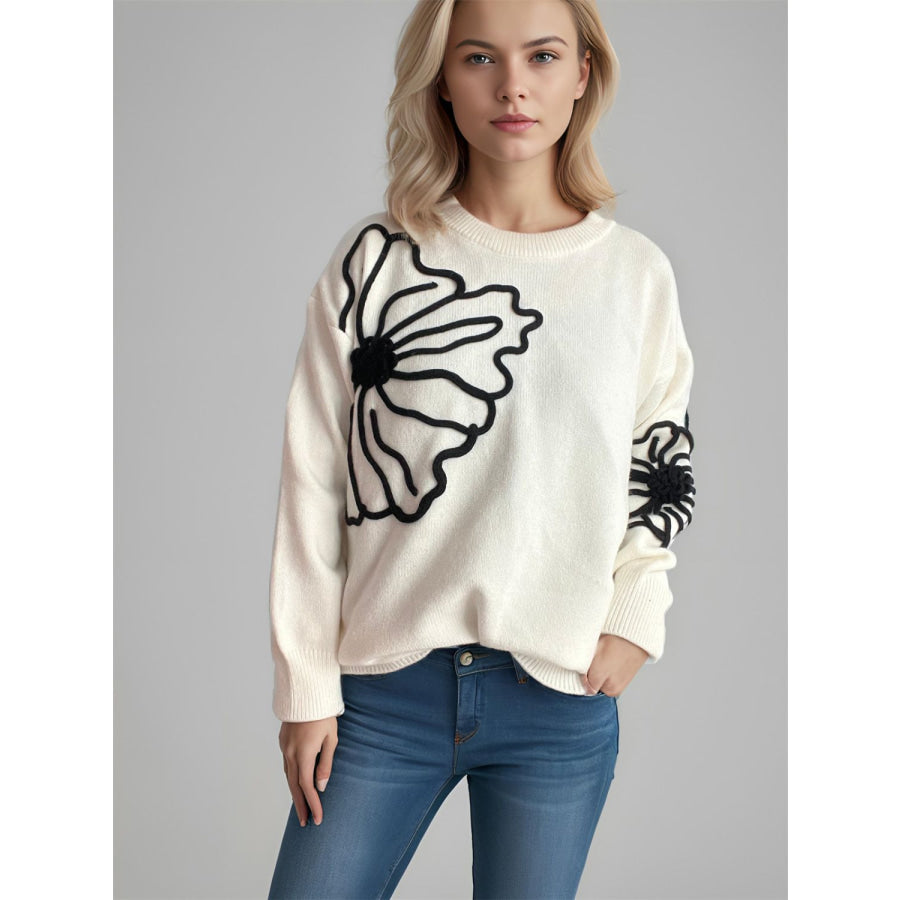 Flower Round Neck Long Sleeve Sweater Apparel and Accessories