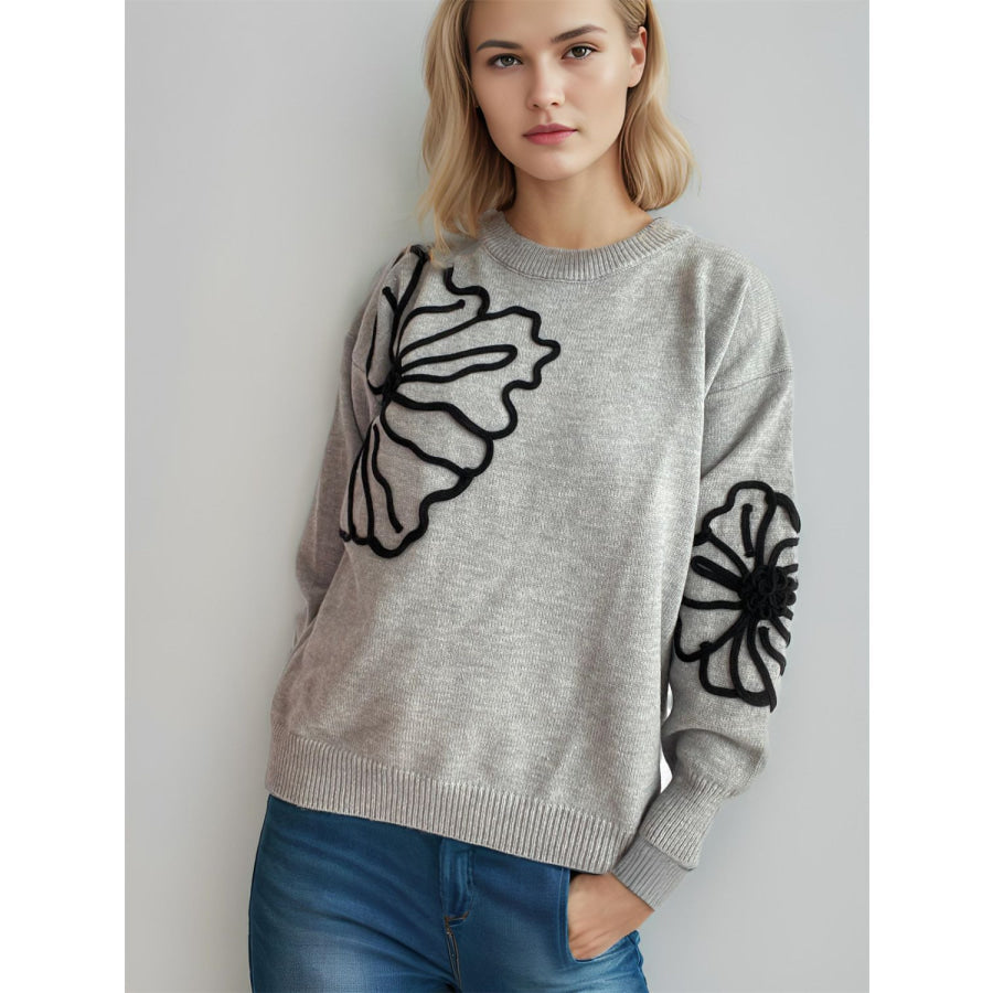 Flower Round Neck Long Sleeve Sweater Gray / One Size Apparel and Accessories