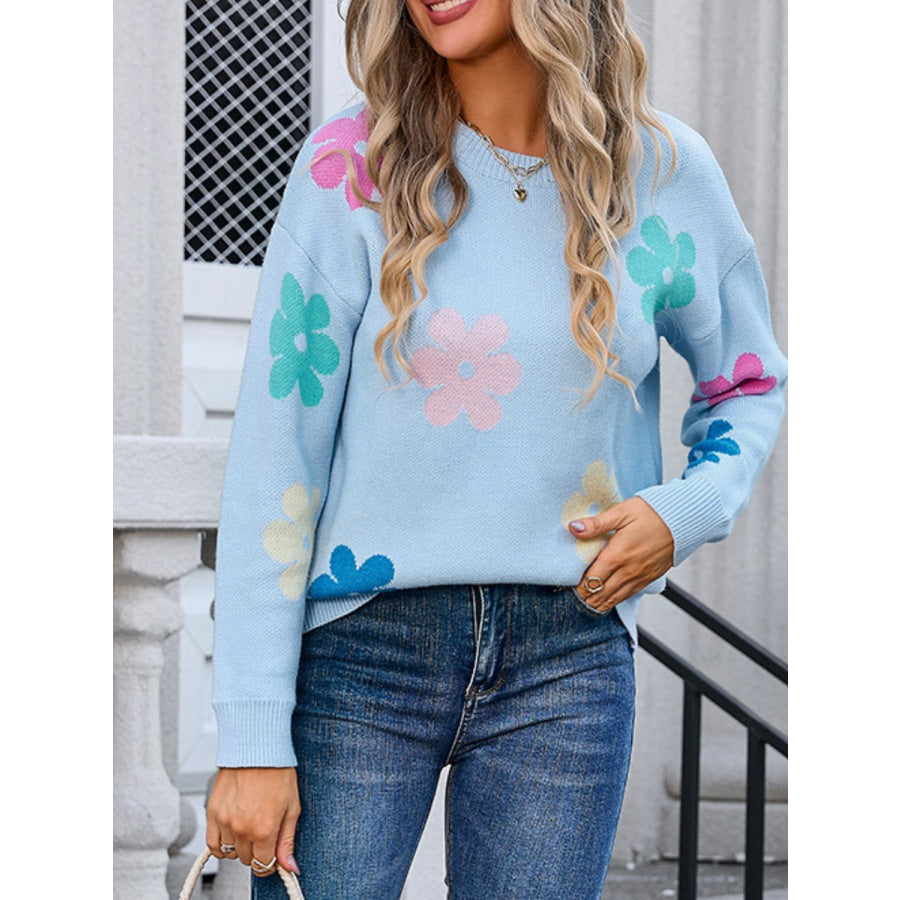 Flower Round Neck Long Sleeve Sweater Apparel and Accessories