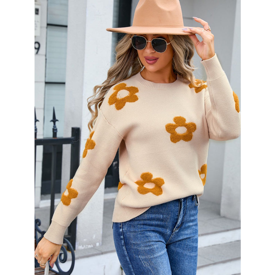 Flower Round Neck Long Sleeve Sweater Apparel and Accessories