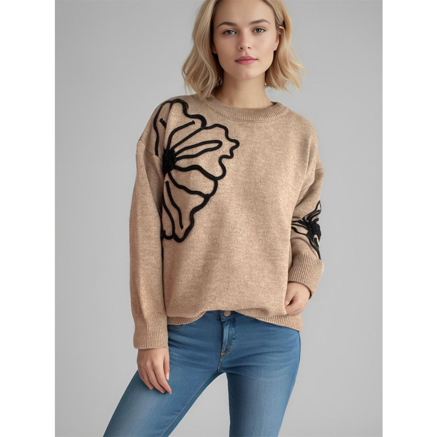 Flower Round Neck Long Sleeve Sweater Apparel and Accessories